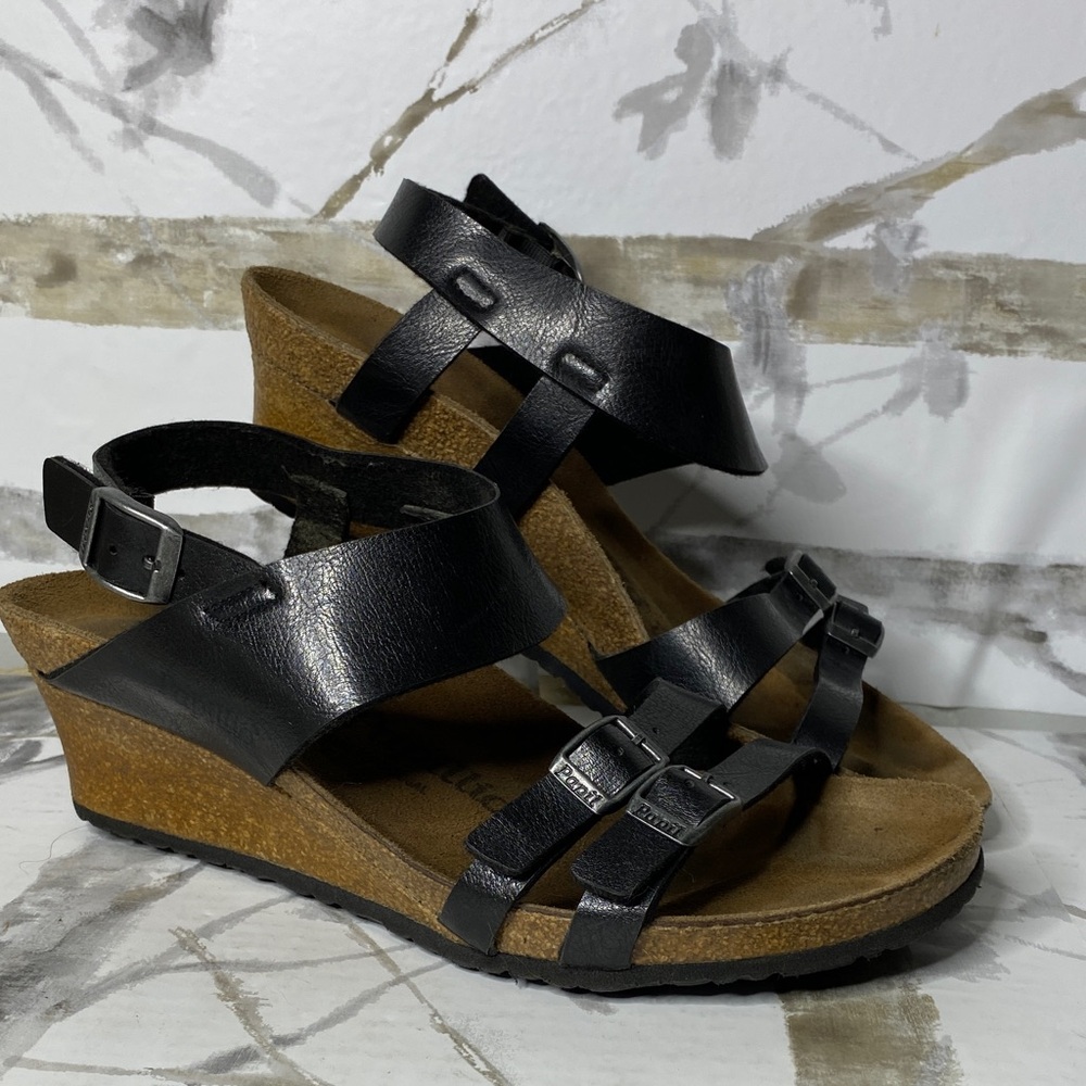Papillio Black Leather Wedge Sandals EU 39